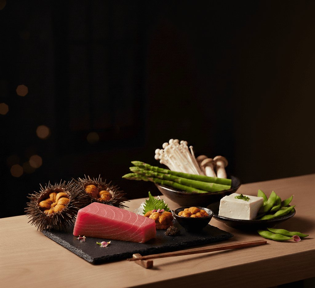 Premium Japanese ingredients — fresh tuna, uni, and seasonal produce